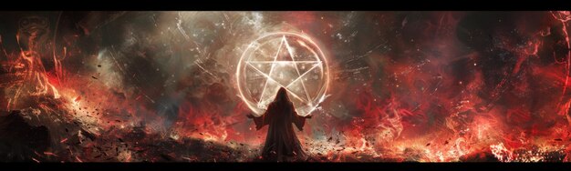 Da steht ein Mann vor einem Feuer mit einem Pentagram