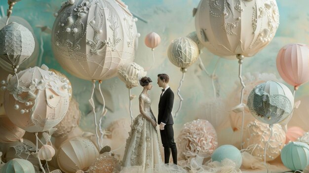 Foto se da vida a una escena caprichosa de románticos globos de color pastel y delicadas esculturas de papel maché