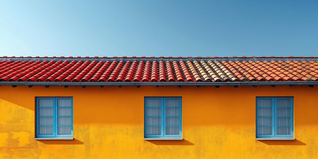 Dach eines Hauses, das mit roten Keramikteilen gegen einen blauen Himmelshintergrund bedeckt ist
