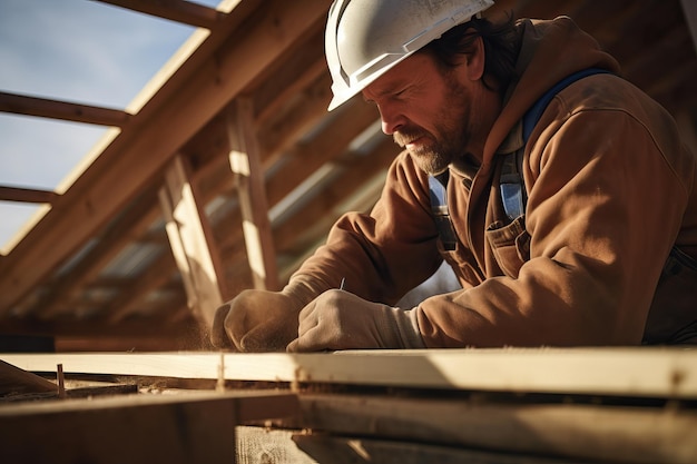 Dachbauarbeiter, der auf der Baustelle an der Dachkonstruktion arbeitet. Bauarbeiter im Dienst