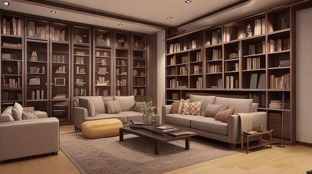 Dachboden-Luxuswohnzimmer der Wiedergabe 3d mit Bücherregal