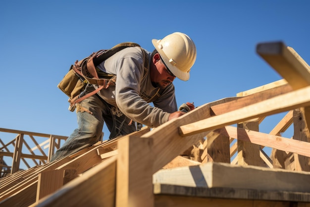 Dachdecker arbeitet an der Dachkonstruktion auf der Baustelle