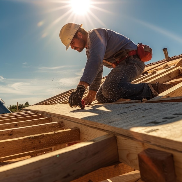 Dachdecker mit Schutzhelm arbeitet an der Dachkonstruktion. Bauarbeiter auf dem Dach. Generative KI