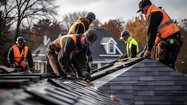 Dachdeckerhandwerk, wetterbeständige Anwendung, engagiertes Dachdeckerteam, strukturelle Verstärkung, professionelle Dachdecker, generiert durch KI