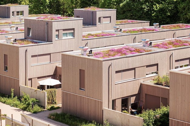 Dachgarten mit Blumen, moderne Öko-Gebäude mit Gartendach, Eco-City-Konzept in Deutschland