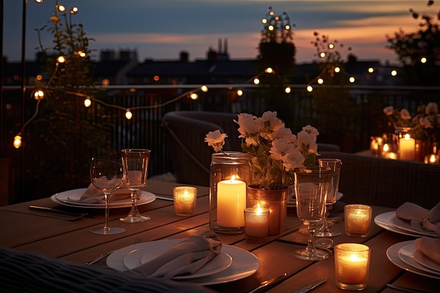 Dachrestaurant elegantes Stringlicht und Kerzen anspruchsvolles und gemütliches Ambiente auf dem Dach Restaurant Anordnung der Tische und das Leuchten der Kerzen