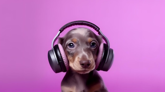 Foto dachshund con auriculares en un fondo púrpura