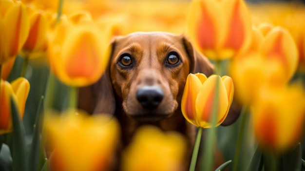 Dachshund en un campo de tulipanes