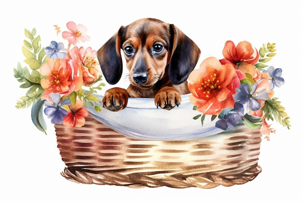 Dachshund en una canasta con flores