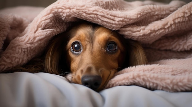 dachshund cavando em um cobertor macio de primavera aconchegante Generative Ai