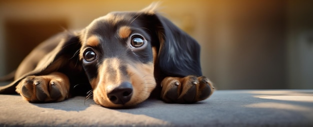 Foto dachshund com um rosto triste deitado no chão
