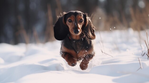 Dachshund correndo na neve