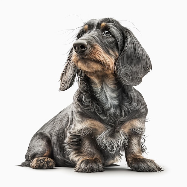 Dachshund de pêlo duro, raça de cachorro bonito e bonito, isolado em close-up branco, lindo cão fofo de estimação