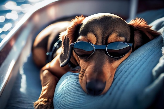 Foto dachshund dormindo com óculos de sol deitado no yachtgenerativve ai