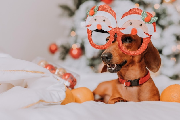 Dachshund em óculos engraçados com Papai Noel está deitado em um lençol branco perto da árvore de Natal