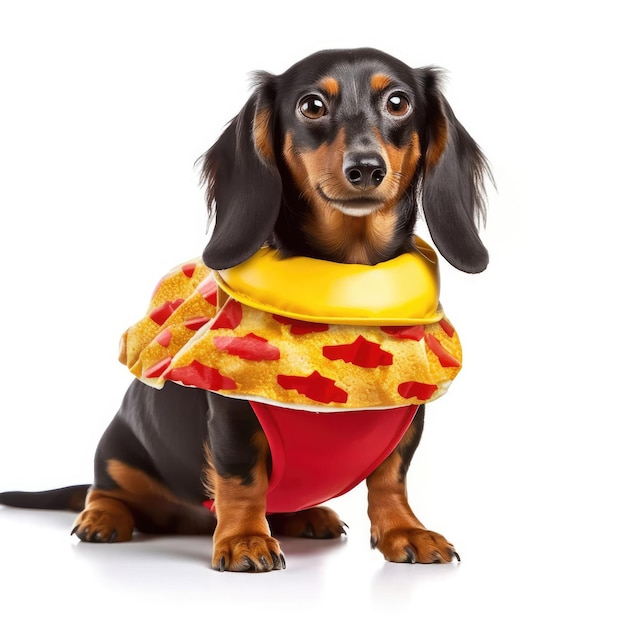 Foto dachshund em traje de cachorro-quente