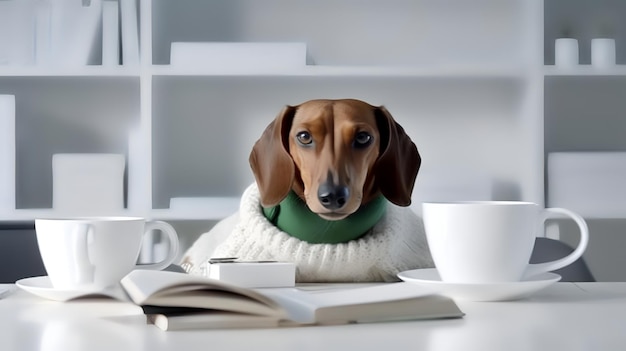 Dachshund em um suéter sentado em um estúdio com uma caneca e pilhas de livros