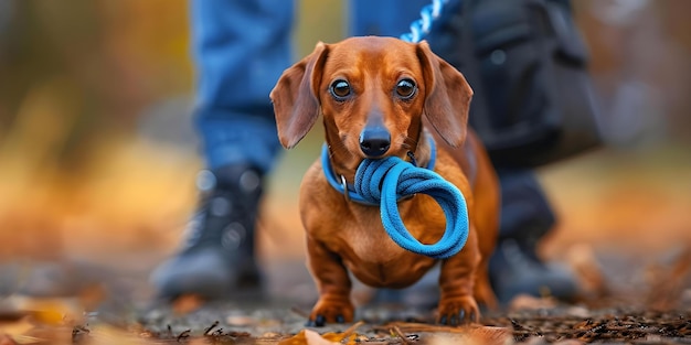 Dachshund espera ansiosamente caminar con la correa tensa en la boca mirando al dueño Concepto Mascotas Dachshund Entrenamiento de la correa Comportamiento del perro Esperando un paseo