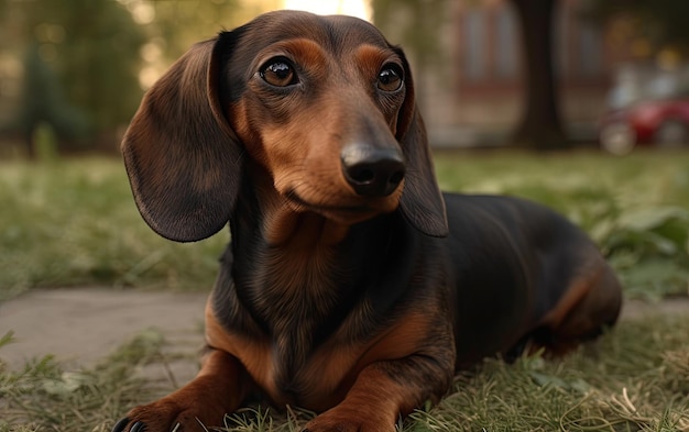 Dachshund está sentado en la hierba en el parque profesional de publicidad post foto ai generado