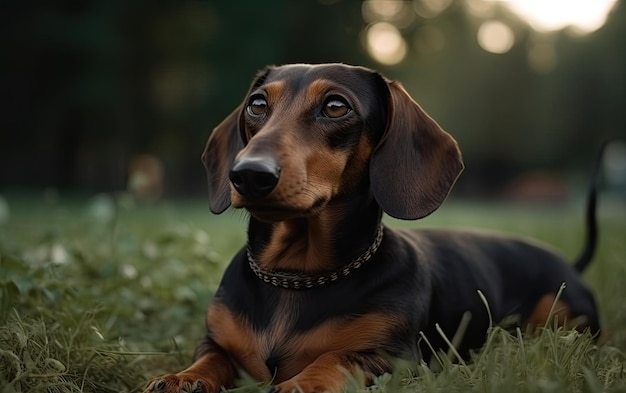 Foto dachshund está sentado na grama no parque foto de postagem de publicidade profissional ai gerado