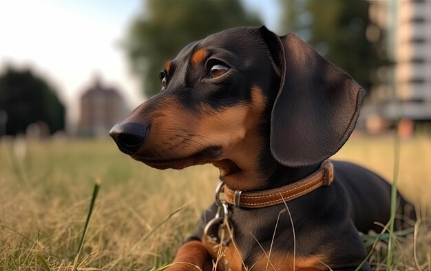 Dachshund está sentado na grama no parque foto de postagem de publicidade profissional ai gerado