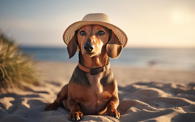 Foto dachshund está sentado na praia foto de postagem de publicidade profissional ai gerado