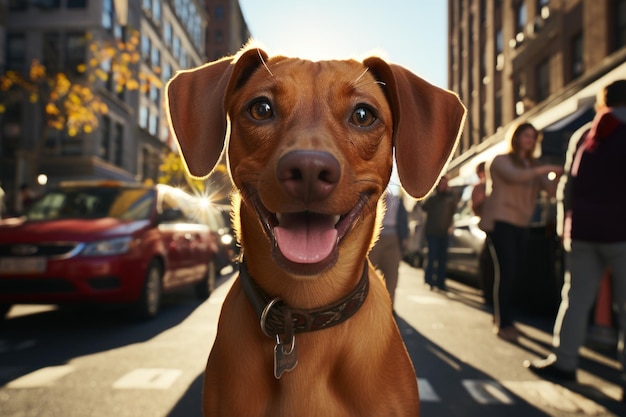 Dachshund-Hund, der in einer pastellfarbenen Stadtstraße spazieren geht