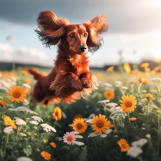 Dachshund-Hund springt auf dem Feld