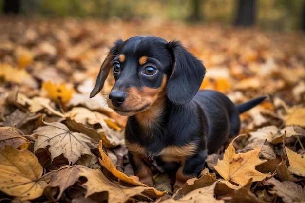 Dachshund jugando en las hojas de otoño