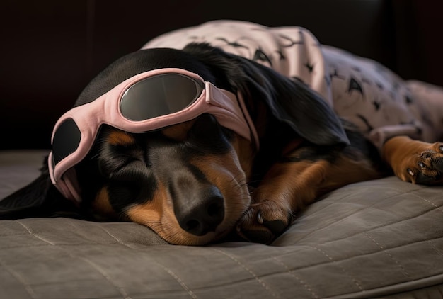 Foto dachshund y lino perro sano durmiendo con una máscara rosa para los ojos al estilo de comfycore