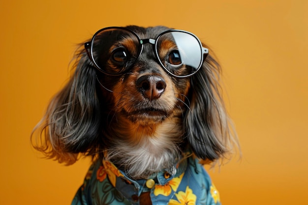 Dachshund mit Kleidung und Sonnenbrille auf gelbem Hintergrund