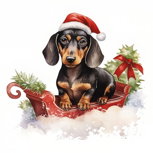 Dachshund mit Weihnachtsdekoration auf weißem Hintergrund Aquarell