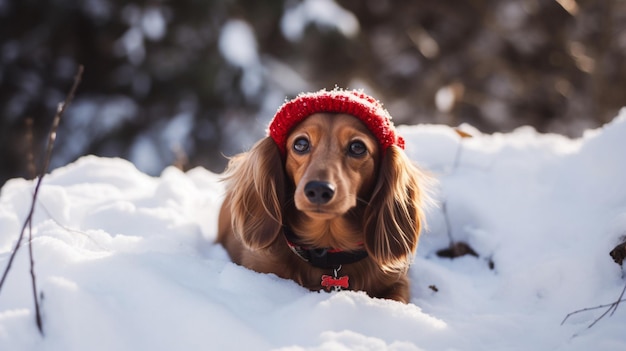 Dachshund na neve usando um chapéu vermelho