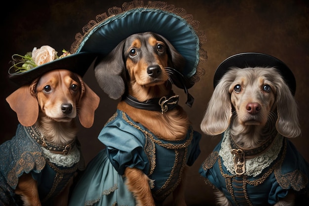 Dachshund perros animales vestidos con ropa de la era victoriana ilustración generativa ai