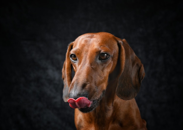 Dachshund rojo muestra su lengua