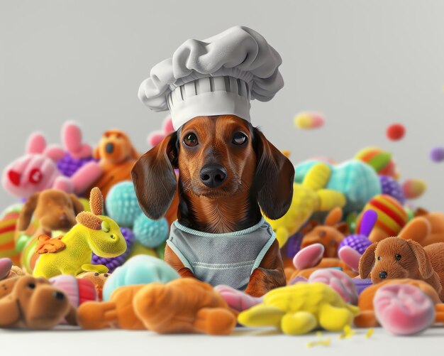 Foto un dachshund con un sombrero de chef y un delantal cocinando un montón de juguetes chirriantes rellenos