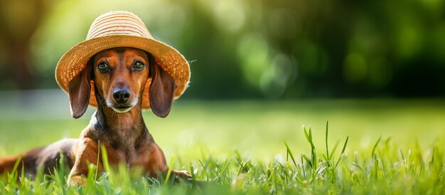 Un dachshund con un sombrero yace en el césped Copiar espacio