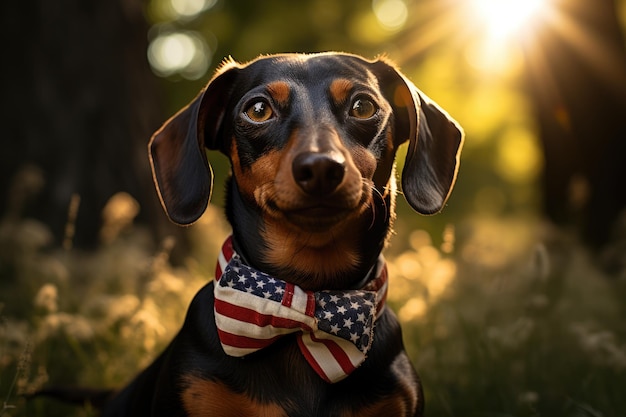 Dackel amerikanische Flagge um den Hals sonniges Wetter in der Natur