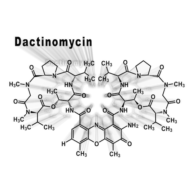 Foto dactinomycin-krebs-chemotherapie-medikament, chemische strukturformel auf weißem hintergrund