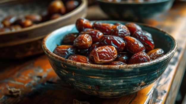 Dadas secas em uma tigela dourada em uma mesa de madeira ramadhan