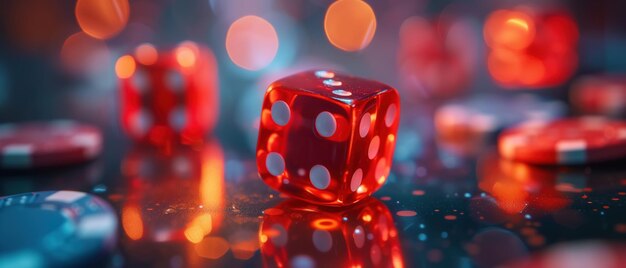 Un dado rojo vibrante se sienta encima de una mesa de casino evocando una sensación de emoción y anticipación