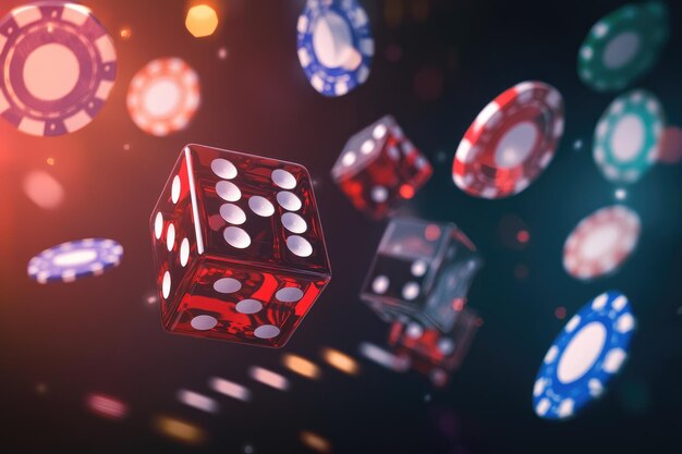 Dados dinámicos de altas apuestas y fichas de apuestas en movimiento con símbolo del premio mayor en un fondo de gradiente oscuro