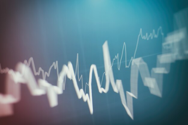 Dados financeiros em um monitor que inclui Análise de Mercado. Gráficos de barras, diagramas, dados financeiros. Gráfico Forex.