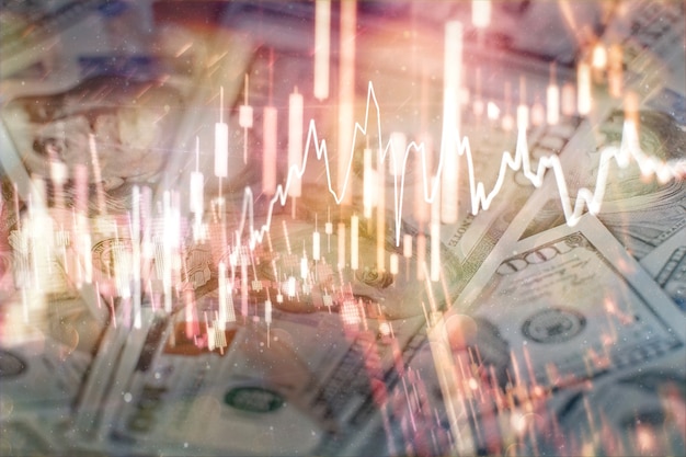 Dados financeiros em um monitor que inclui Análise de Mercado. Gráficos de barras, diagramas, dados financeiros. Gráfico Forex.