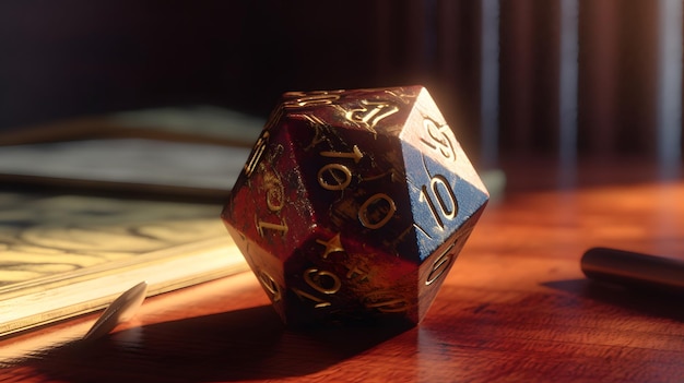 Dados para juegos de mesa en una mesa D20 AI generado