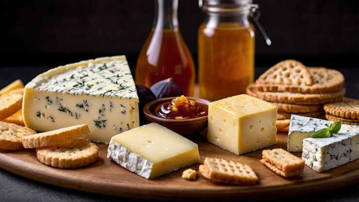 Dados y rebanadas de queso Un elegante plato de queso con diferentes tipos de cortes de queso