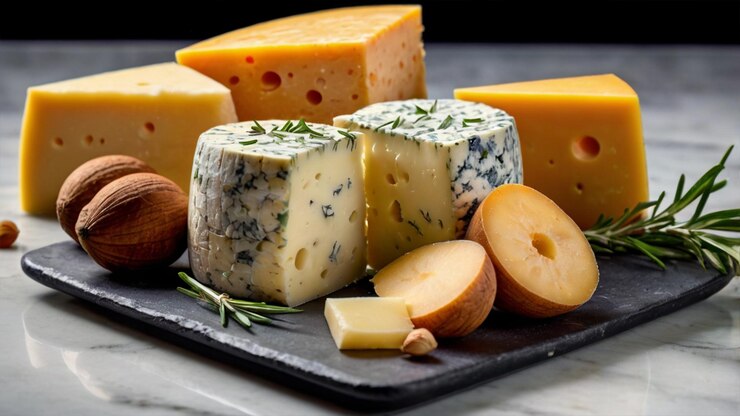 Dados y rebanadas de queso Una variedad de quesos cortados en cubos y rebanados bellamente dispuestos