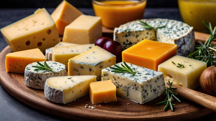 Dados y rebanadas de queso Una variedad de quesos cortados en cubos y rebanados bellamente dispuestos