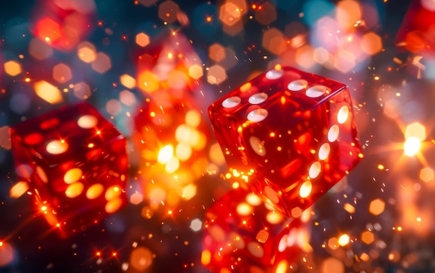 Dados rojos girando en el aire con chispas de fuego fondo de casino luces de casino y chispas