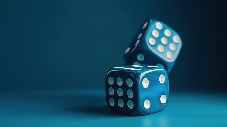 Dados sobre un fondo de bandera azul Concepto de soluciones de negocio de juegos Ai generativo